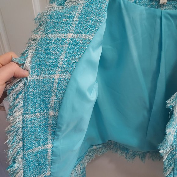 L'AGENCE Blue White Angelina Fringe Tweed Blazer - Picture 9 of 11